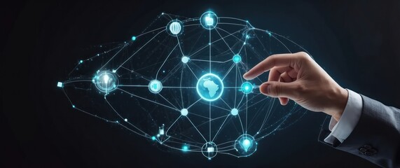 A hand interacting with a digital network, symbolizing connectivity and innovation in technology for business and global communication.