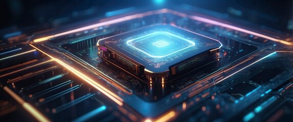 Obraz premium A glowing microchip set against a dark background, symbolizing advanced technology and innovation in computing.