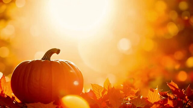 Pumpkin on autumn leaves in sunny sky. 4k, autumn with golden background, autumn leaves and sunlight,border, bright, celebrate fall landscape copy space
