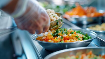 A chef wearing gloves is carefully serving a plate of quinoa mixed with colorful vegetables, illustrating attention to detail and health-conscious cooking practices.