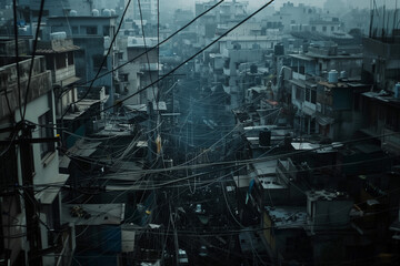 A dense urban landscape with power distribution cables stretching across city buildings
