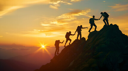 Group of people on peak mountain climbing helping team work with sunset background , travel trekking success business concept