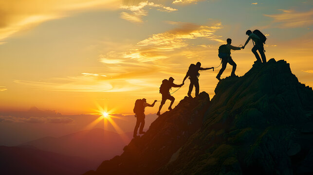 Group of people on peak mountain climbing helping team work with sunset background , travel trekking success business concept