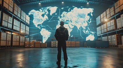 Warehouse worker facing a large world map showing global trade interactions. Cinematic style with professional color grading and sharp focus