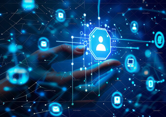 Fototapeta premium Hand interfacing with digital network icons, business management, abstract blue background, interactive technology,