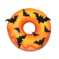 Halloween style donut, with orange glaze, bats, illustration isolated on a white background, for design and decor, print, sticker, holiday
