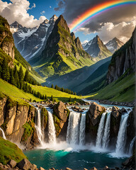 Fototapeta premium waterfall in yosemite, Famous Skogafoss waterfall at sunrise with rainbow