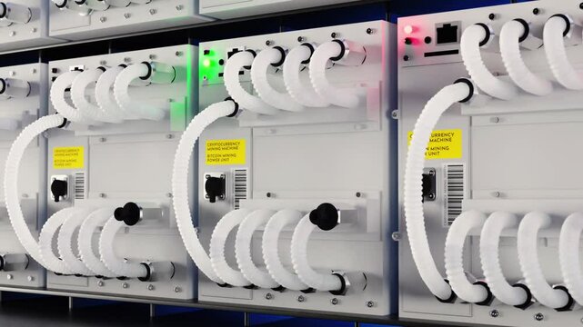 ASIC farm for mining Bitcoin cryptocurrency. Server room with cryptocurrency mining farm, flashing lights. Dolly shot Panoramic motion. Popular ASIC model - Loop Footage in Full HD, 30 FPS.