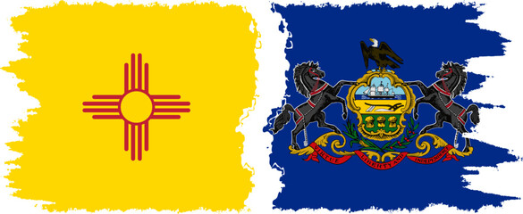 Pennsylvania and New Mexico states grunge brush flags connection, vector