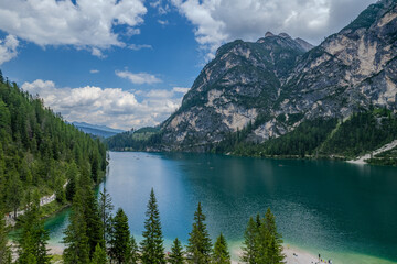 Obraz premium Aerial summer view of Pragser Wildsee (Lago di Braies), Dolomites mountain range, Italy