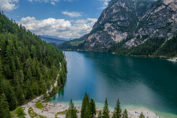Aerial summer view of Pragser Wildsee (Lago di Braies), Dolomites mountain range, Italy