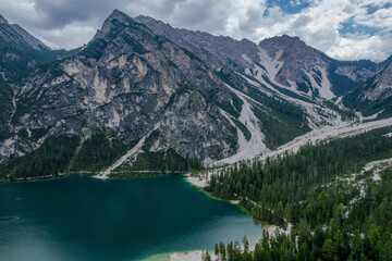 Obraz premium Aerial summer view of Pragser Wildsee (Lago di Braies), Dolomites mountain range, Italy