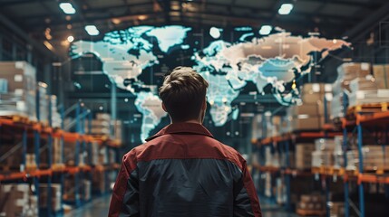 Fototapeta premium Warehouse worker with back turned, in front of a world map showing global trade interactions. Realistic, cinematic style photo with high detail