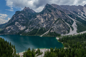 Fototapeta premium Aerial summer view of Pragser Wildsee (Lago di Braies), Dolomites mountain range, Italy