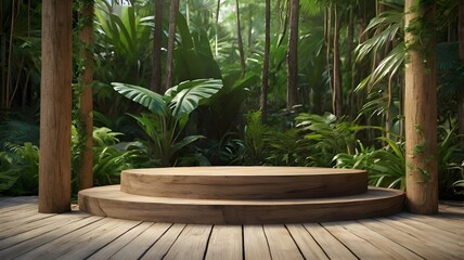 Jungle background with podium, 3D platform, green wood display pedestal. Jungle background with trees, nature, leaves, tropical cosmetics, summer forest, plants, garden stage, water, presentation ston