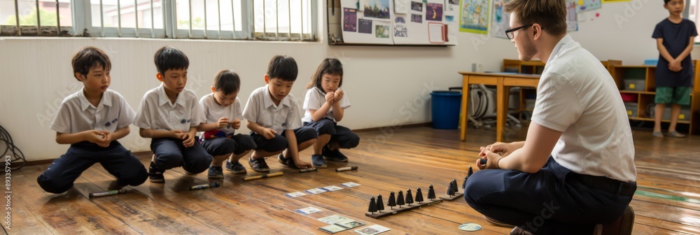 Leinwandbilder The teacher focuses on creating a dynamic learning environment through interactive activities to encourage collaboration, teamwork, handson learning, and educational progress in a nurturing setting