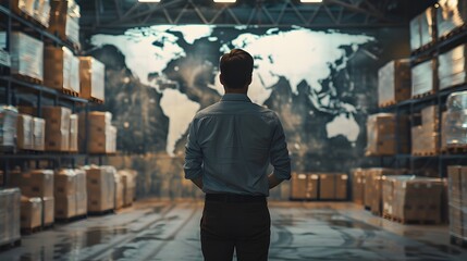 Back view of a worker in the warehouse, standing before a world map highlighting global trade points. Cinematic photo with clear, sharp focus