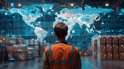 Warehouse worker with back turned, in front of a world map showing global trade interactions. Realistic, cinematic style photo with high detail