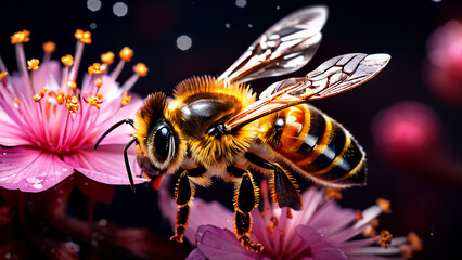 Close-up of a honeybee collecting nectar from a vibrant flower, showcasing the intricate details of its wings and pollen-covered body.