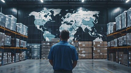 Back view of a worker in the warehouse, standing before a world map highlighting global trade points. Cinematic photo with clear, sharp focus
