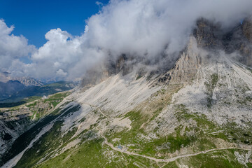 Aerial summer view of Tre Cime di Lavaredo, Dolomites mountain range, Italy