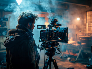 Filmmaker Operating Camera on Set in Industrial Location