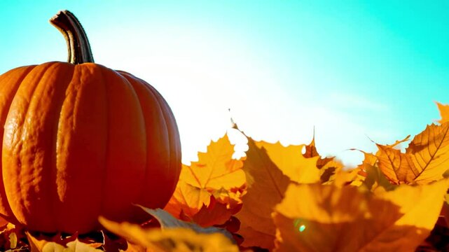 Pumpkin on autumn leaves in sunny sky. 4k, autumn with golden background, autumn leaves and sunlight,border, bright, celebrate fall landscape copy space