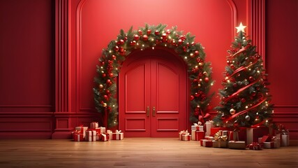 A Christmas tree encircles the entrance. Christmas is here, a 3D illustration with a red backdrop and copy space