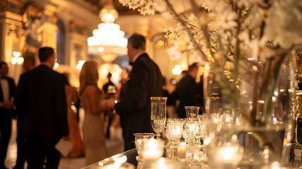 Elegant evening gala with guests in formal attire, beautifully decorated venue, and sophisticated atmosphere, highlighting luxury and celebration.


