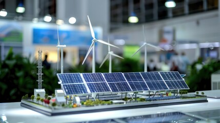 clean energy tech hub with solar panels and wind turbine models on display