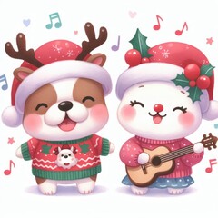 Fototapeta premium Adorable Christmas illustration featuring cute characters in festive sweaters singing and celebrating the holiday season.