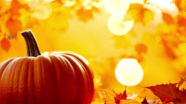 Pumpkin on autumn leaves in sunny sky. 4k, autumn with golden background, autumn leaves and sunlight,border, bright, celebrate fall landscape copy space