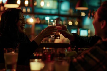 Man and woman colleagues clinking glasses chatting night bar happy hour.