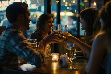 Group of men and woman coworkers bar restaurant dinner clinking glasses.