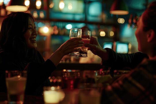 Man and woman colleagues clinking glasses chatting night bar happy hour.