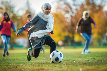 Muslim covered girl young woman running dribbling ball playing soccer with friends.