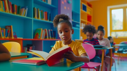 Black little girl in a school. Young student immersed in reading a book, set against a backdrop of a colourful classroom and classmates, the joyful and stimulating learning environment.