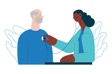 Cardiac Auscultation. Male Patient and Female Doctor Carrying Out Procedure in Medical Office or Laboratory. Stethoscope Examination Procedure. Modern Flat Vector Concept Illustration. Website Banner.