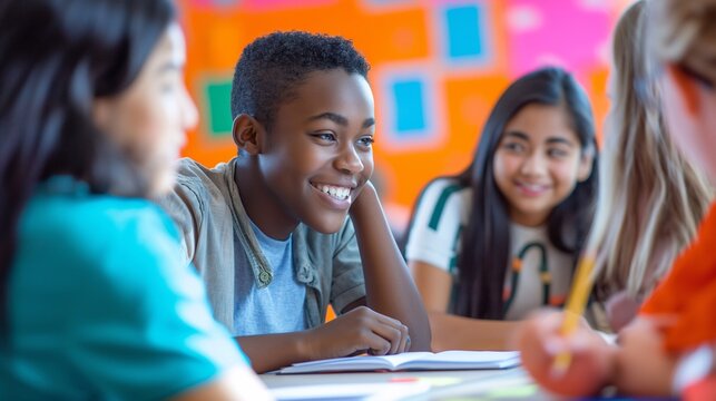 A diverse group of teenage students is actively participating in a group project, teamwork showcasing the effective combination of education and social interaction in a dynamic learning environment