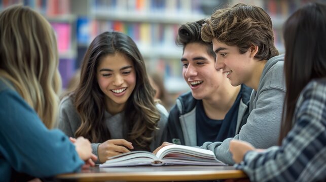 A group of teenage friends working on a project in a library, their enthusiasm and teamwork embodying the positive and inclusive atmosphere of contemporary education
