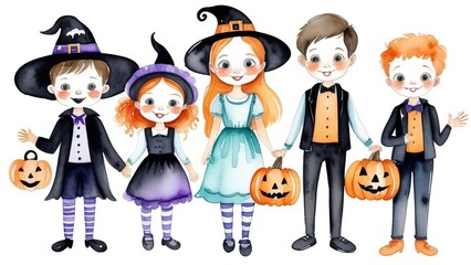 Halloween pattern. children dressed as witches and wizards, pumpkins, bats. halloween wallpaper