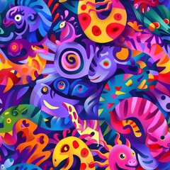 Fototapeta premium A few random animal faces forming a playful swirl, pastel lavender background, neon colors, bold and eyecatching