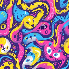 Fototapeta premium A few random animal faces forming a playful swirl, pastel lavender background, neon colors, bold and eyecatching