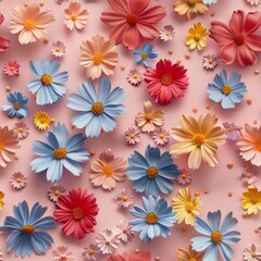 A few random flowers, evenly spaced on a pastel pink background, minimalistic magazine cover style, vibrant and fun, high resolution