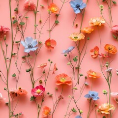 A few random flowers, evenly spaced on a pastel pink background, minimalistic magazine cover style, vibrant and fun, high resolution