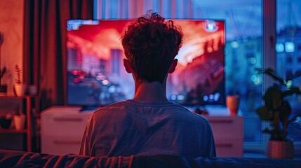 Fototapeta premium A Gen Z gamer intensely playing a video game on a large screen monitor