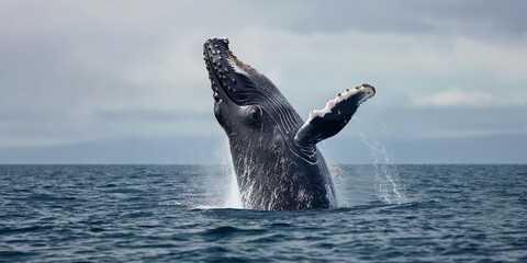 Majestic Humpback Whale Breaching the Ocean Surface Captured in Mid-Air Against a Serene Marine Backdrop