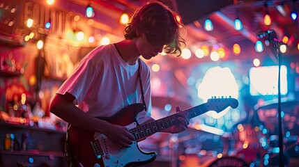 Obraz premium A young Gen Z musician playing guitar on stage at a local music venue