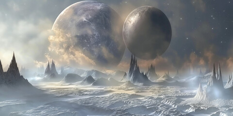 Futuristic landscape with nature and moons