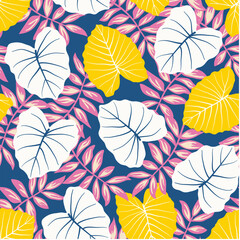 Abstract seamless tropical pattern with bright plants and leaves on a blue background. Seamless pattern with colorful leaves and plants. Summer colorful hawaiian. Printing and textiles.